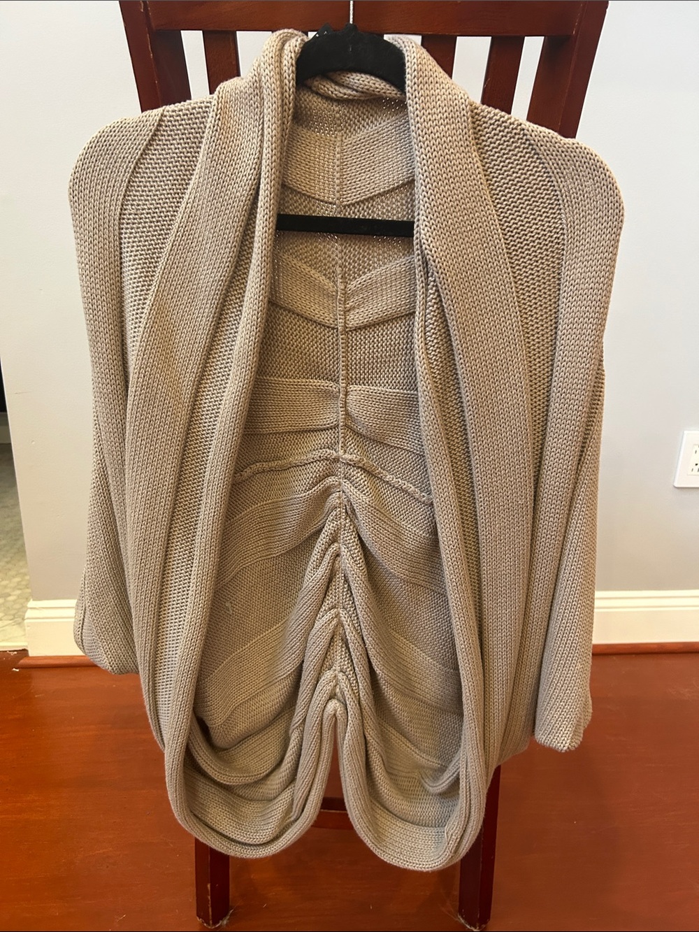New York & Company Taupe Ruched Open-Front Knit Cardigan